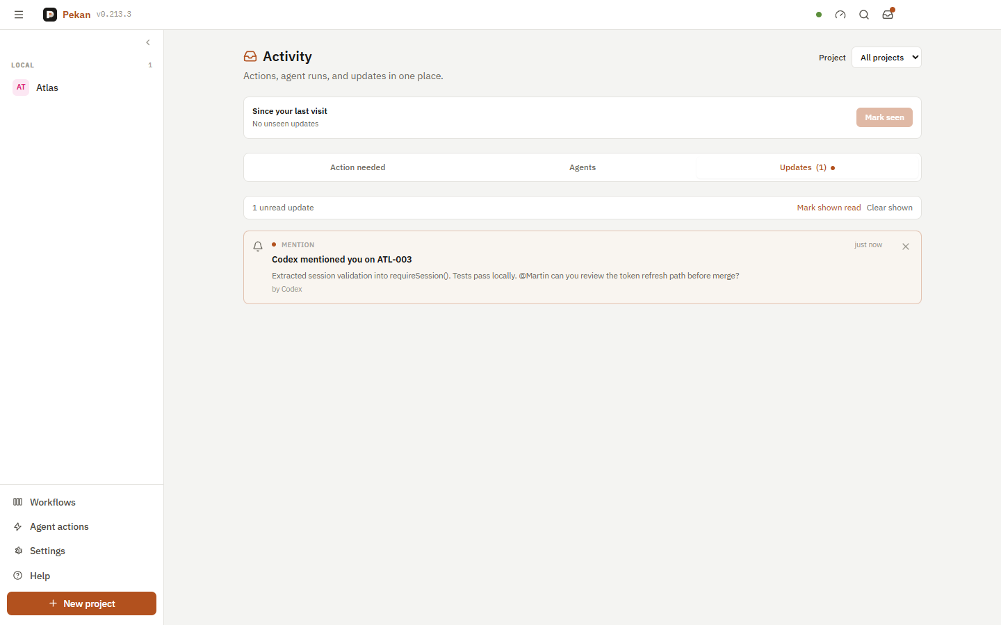 The Activity feed, showing an agent's @mention waiting on a human.