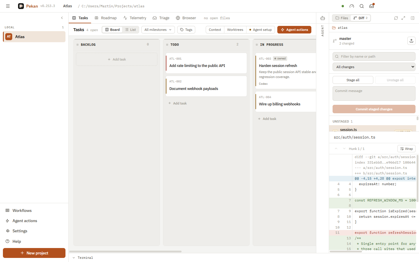 The Git view, showing an in-progress diff before it is committed.